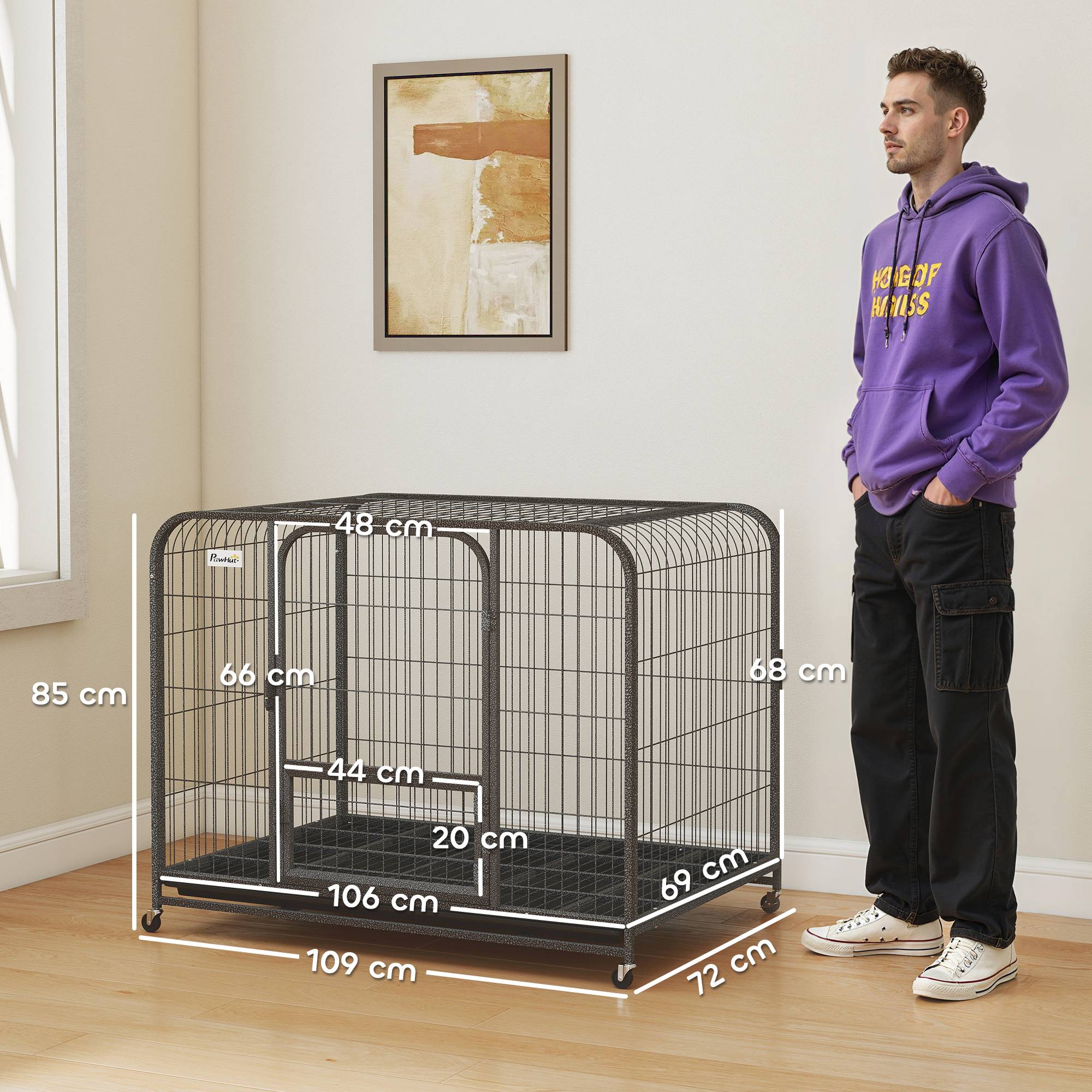 Cage pour chien en acier avec roulettes, 3 portes, plateau amovible et verrouillage sécurisé, noire - Image 5