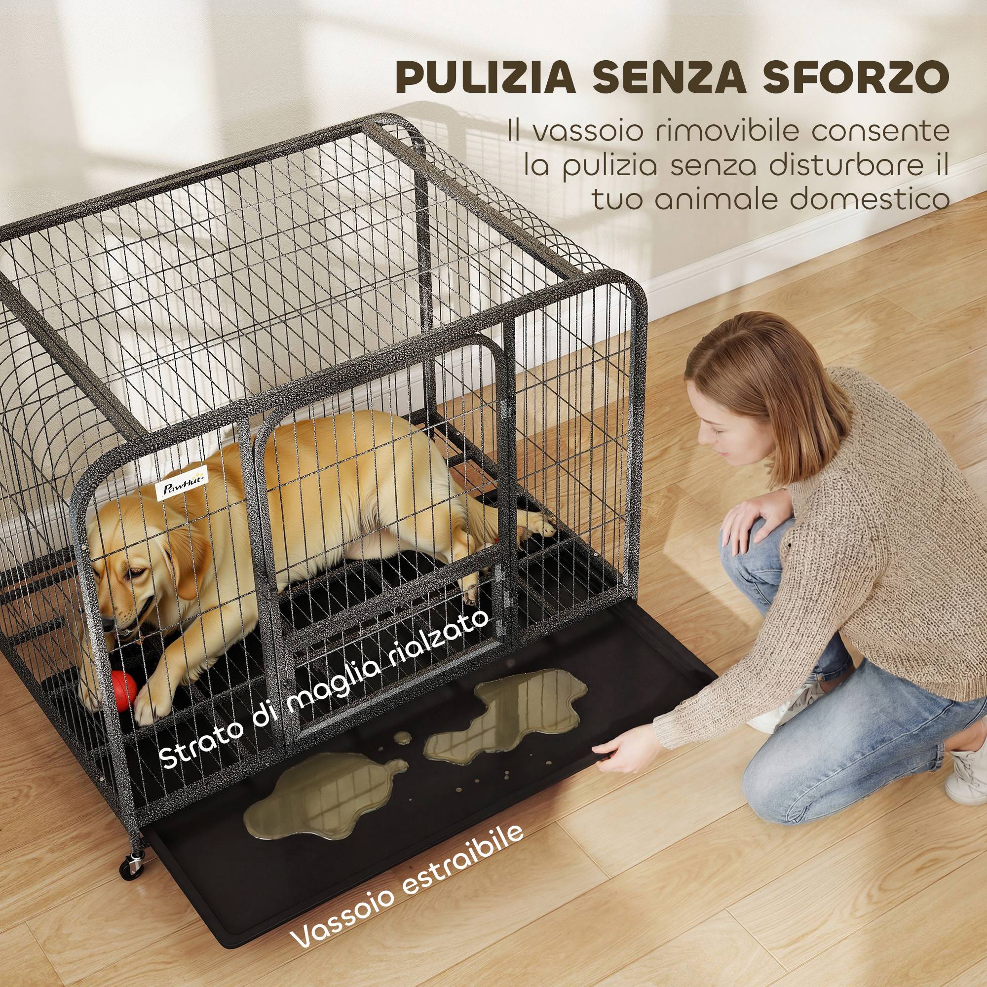 Cage pour chien en acier avec roulettes, 3 portes, plateau amovible et verrouillage sécurisé, noire - Image 9