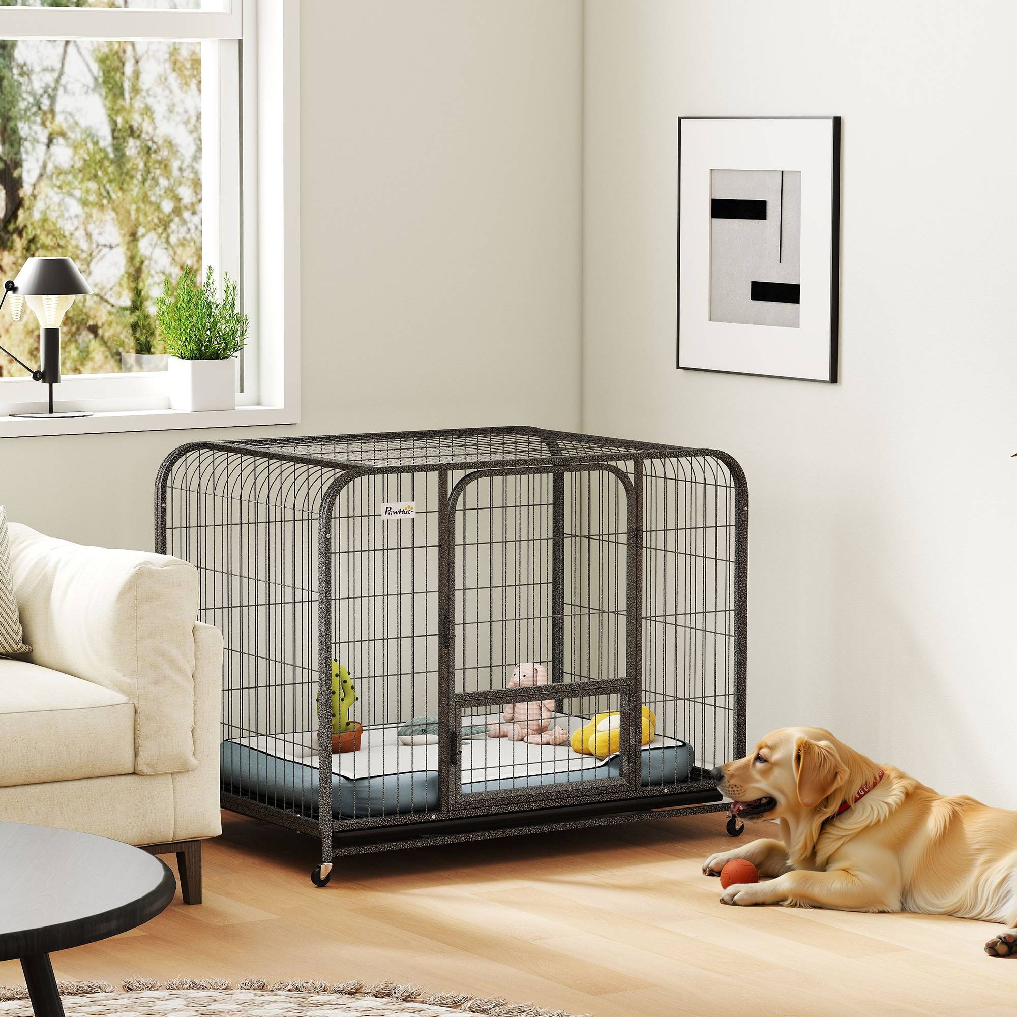 Cage pour chien en acier avec roulettes, 3 portes, plateau amovible et verrouillage sécurisé, noire - Image 3