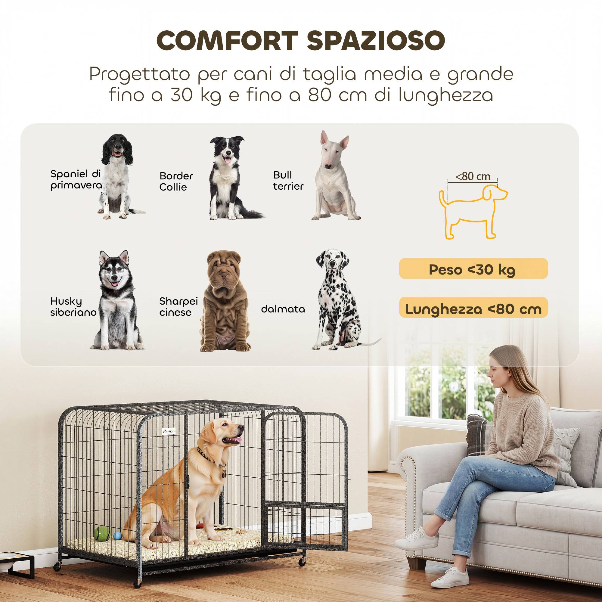 Cage pour chien en acier avec roulettes, 3 portes, plateau amovible et verrouillage sécurisé, noire - Image 8