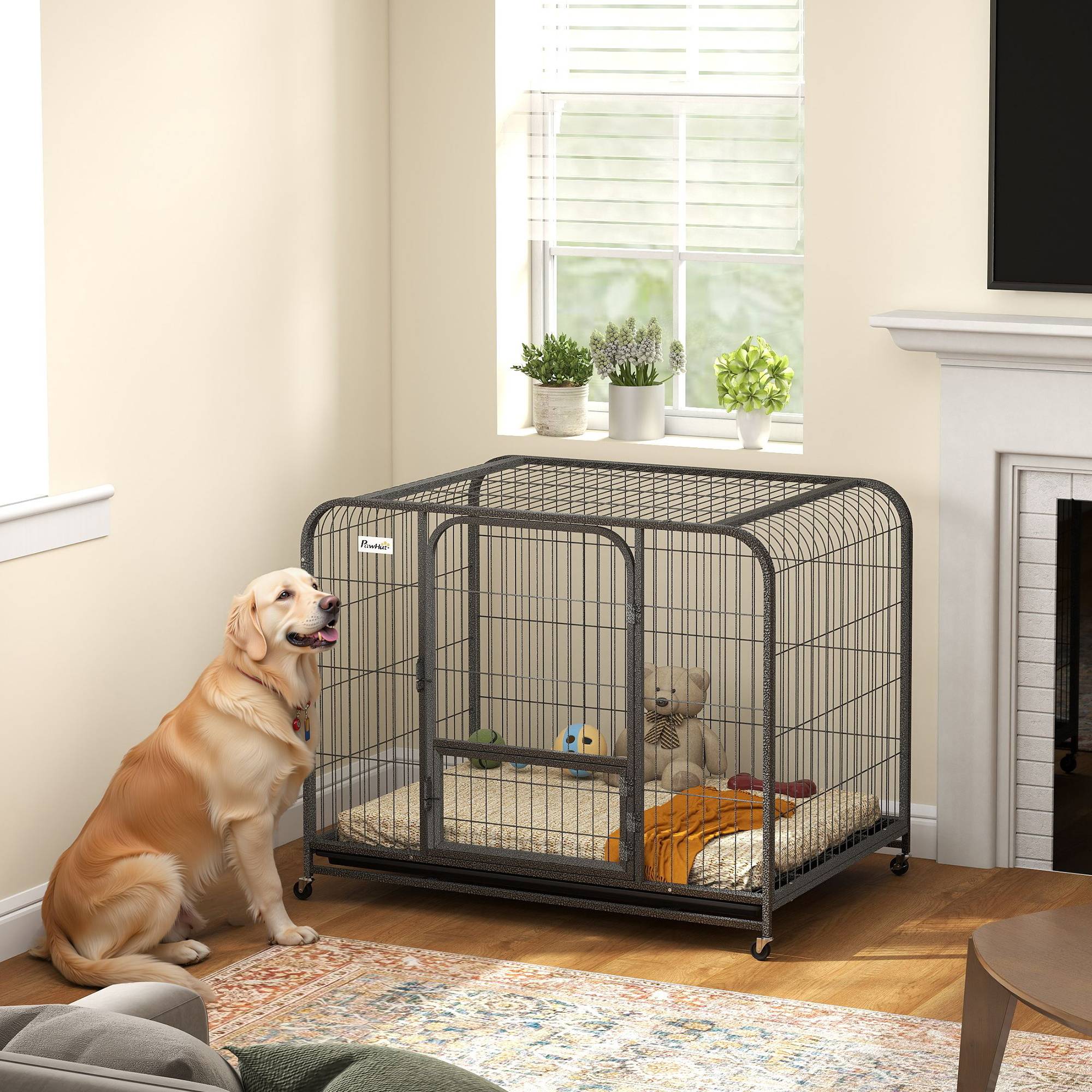 Cage pour chien en acier avec roulettes, 3 portes, plateau amovible et verrouillage sécurisé, noire - Image 4