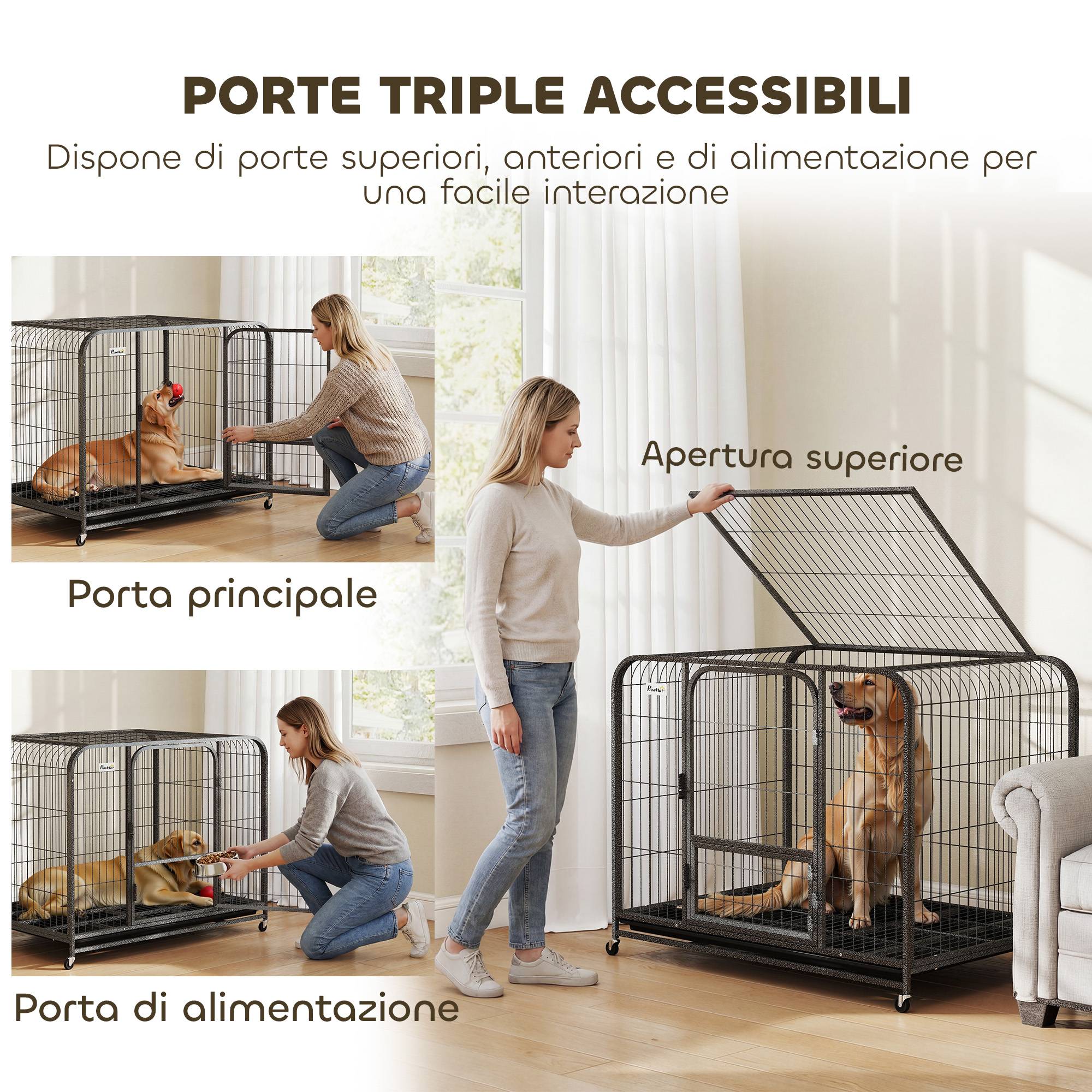 Cage pour chien en acier avec roulettes, 3 portes, plateau amovible et verrouillage sécurisé, noire - Image 7