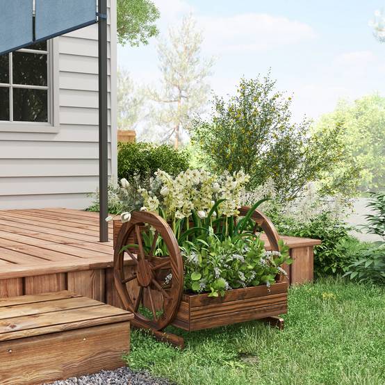 Jardinière sur pieds bois sapin terrasse jardin 3 niveaux design charrette 62x61cm - ComfortXL Outdoor Living - Image 9