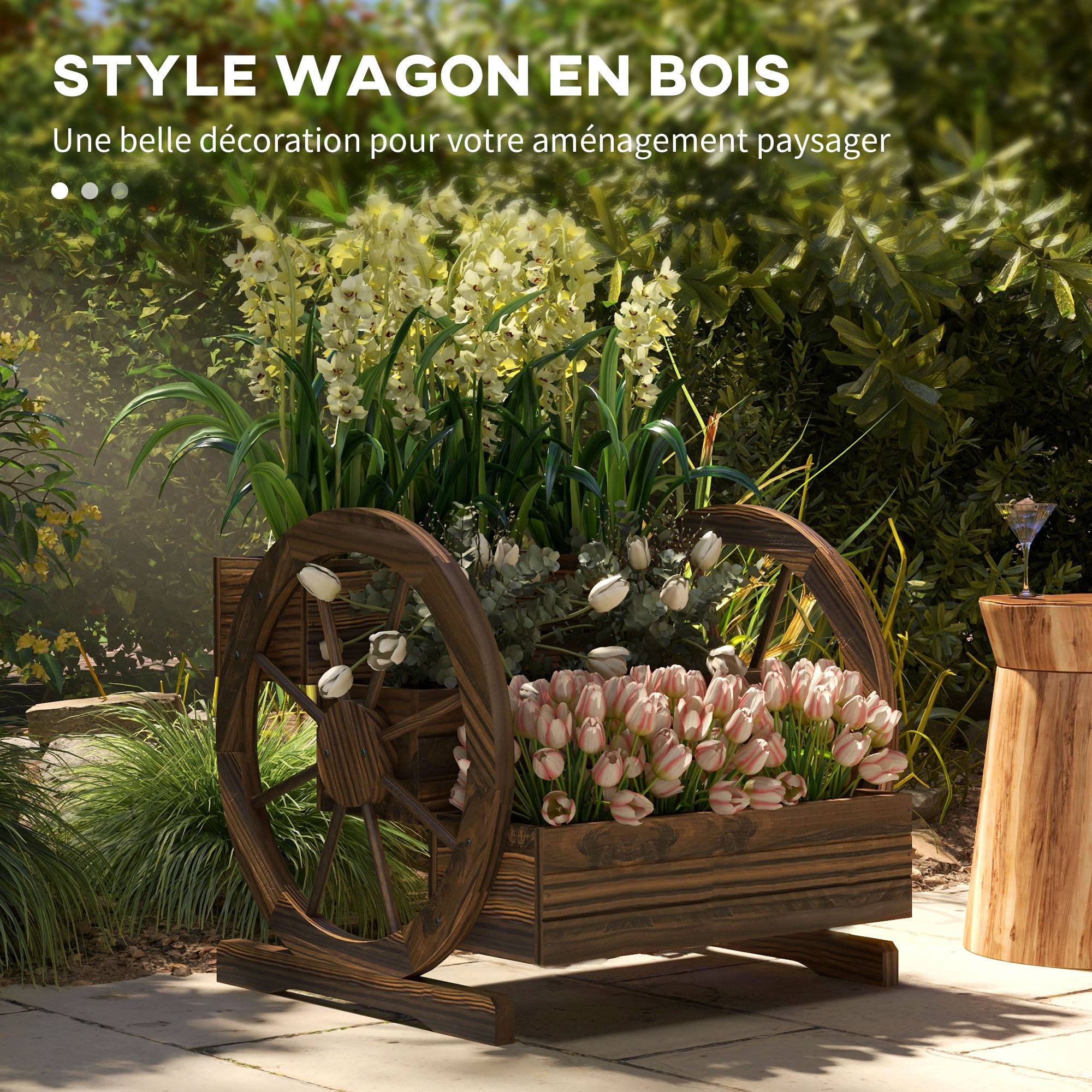 Jardinière sur pieds bois sapin terrasse jardin 3 niveaux design charrette 62x61cm - ComfortXL Outdoor Living - Image 6