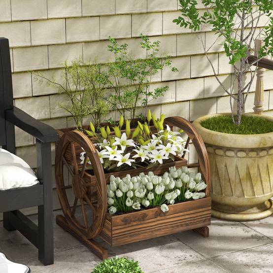 Jardinière sur pieds bois sapin terrasse jardin 3 niveaux design charrette 62x61cm - ComfortXL Outdoor Living - Image 4