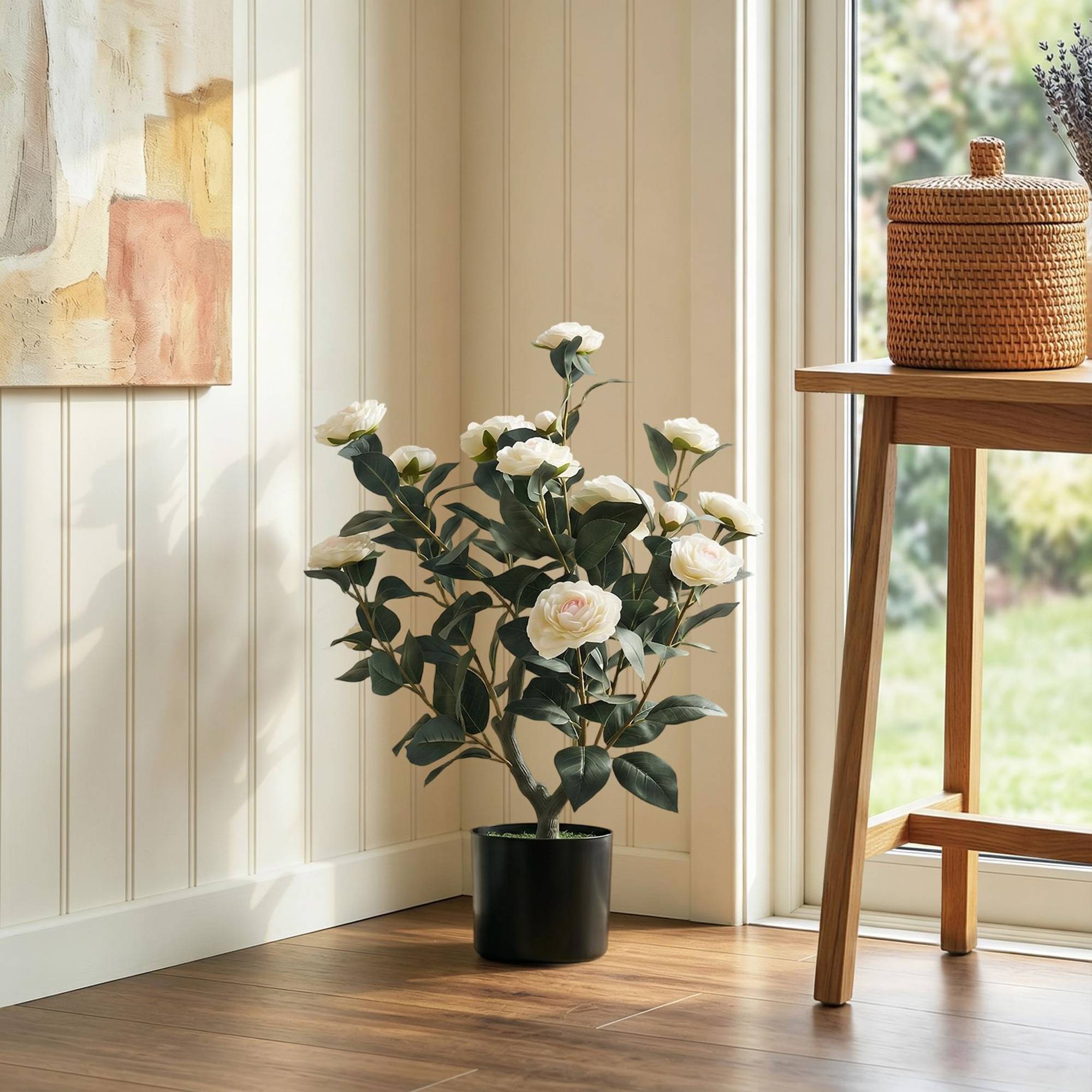 Sans Marque - Camélia artificiel de 65 cm en pot, orné de fleurs en soie réalistes et de 116 feuilles à effet mousse blanche. - Image 3