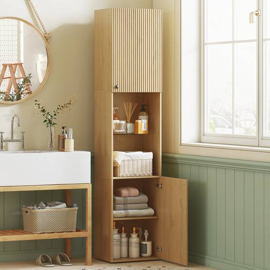 Armoire salle de bain chêne avec 6 niveaux, portes et étagères verre trempé réglables, rangement grande capacité 40x31x182 cm - Image 3