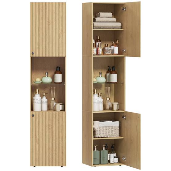 Armoire salle de bain chêne avec 6 niveaux, portes et étagères verre trempé réglables, rangement grande capacité 40x31x182 cm - Image 1