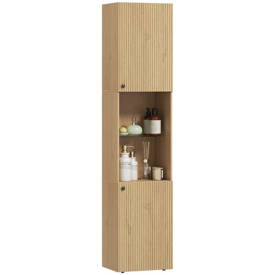 Armoire salle de bain chêne avec 6 niveaux, portes et étagères verre trempé réglables, rangement grande capacité 40x31x182 cm - Image 2