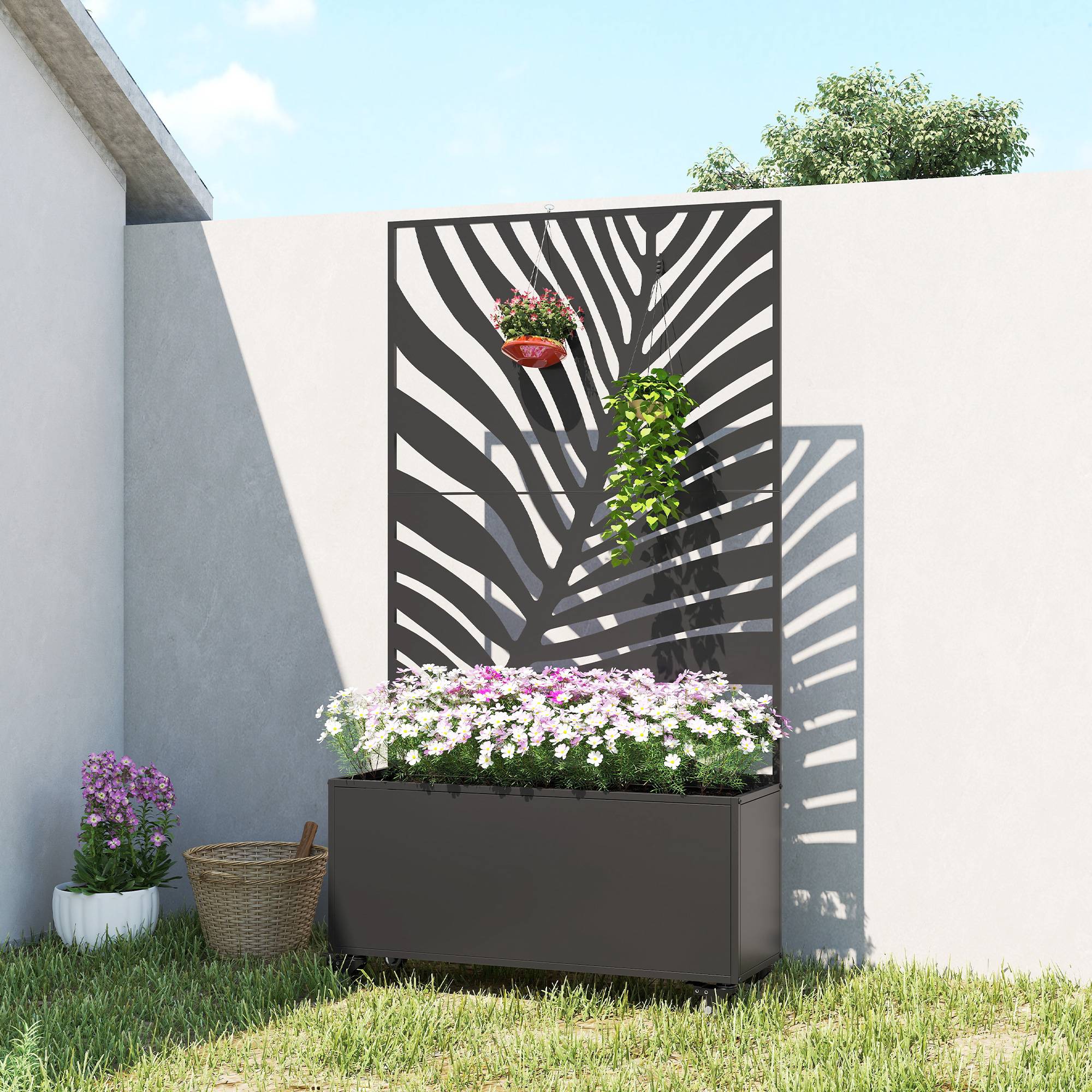 Sans Marque - Jardinière avec treillis, bac à fleurs, avec brise-vue et roulettes verrouillables, métal, 90 x 30 x 160 cm, noir - Image 4