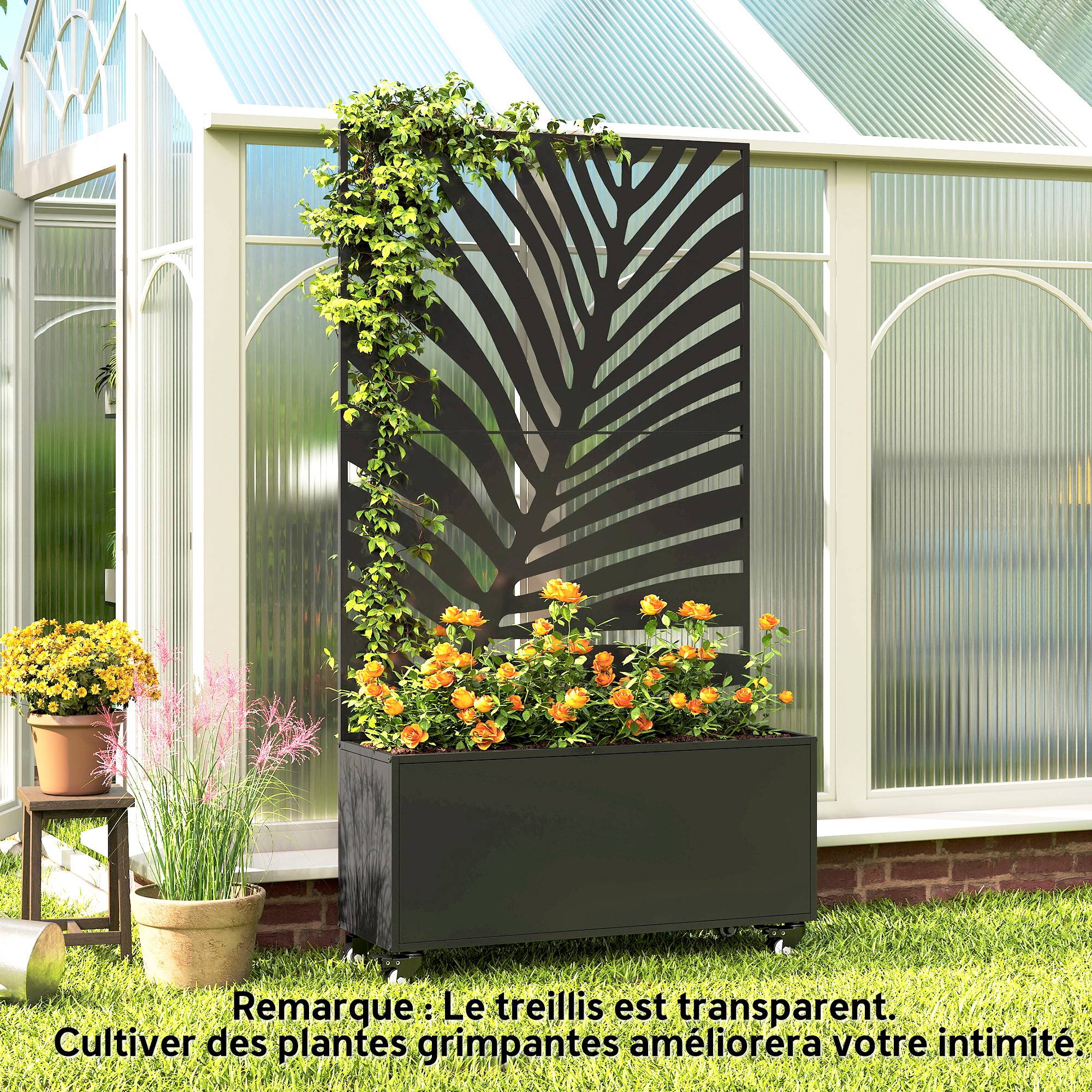 Sans Marque - Jardinière avec treillis, bac à fleurs, avec brise-vue et roulettes verrouillables, métal, 90 x 30 x 160 cm, noir - Image 10
