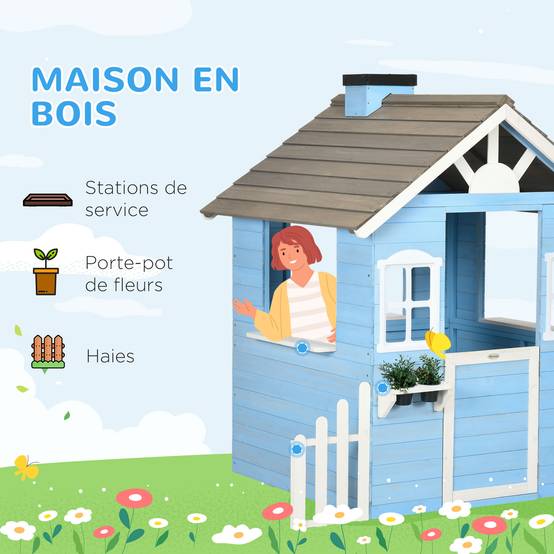 Cabane de jeu pour enfant maison de jardin en bois porte et fenêtres de 3 à 7 ans dim. 151L x 112.5l x 142H cm bleu - Image 6
