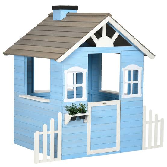 Cabane de jeu pour enfant maison de jardin en bois porte et fenêtres de 3 à 7 ans dim. 151L x 112.5l x 142H cm bleu - Image 2