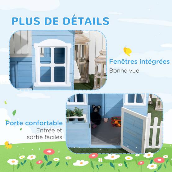 Cabane de jeu pour enfant maison de jardin en bois porte et fenêtres de 3 à 7 ans dim. 151L x 112.5l x 142H cm bleu - Image 9