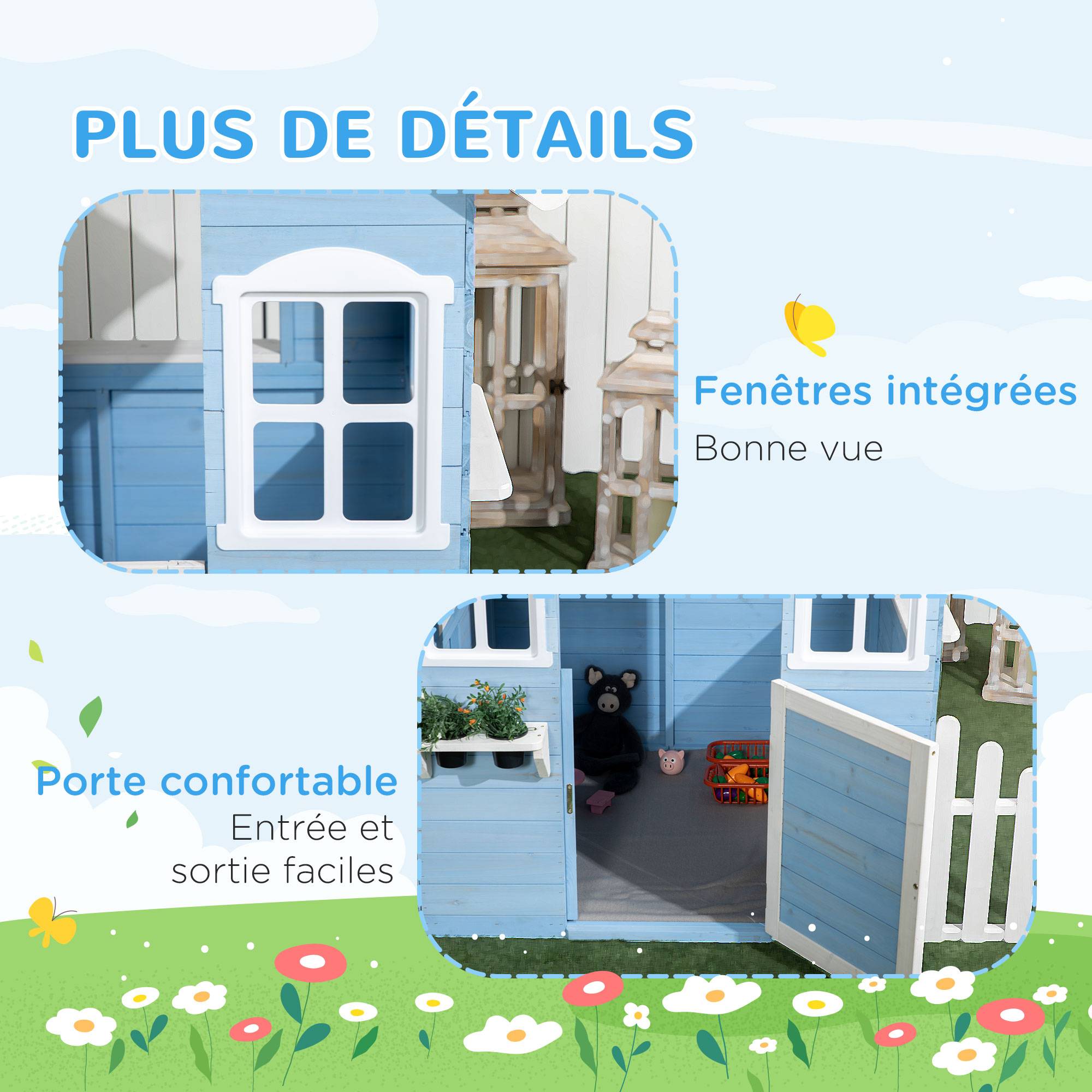 Cabane de jeu pour enfant maison de jardin en bois porte et fenêtres de 3 à 7 ans dim. 151L x 112.5l x 142H cm bleu - Image 9