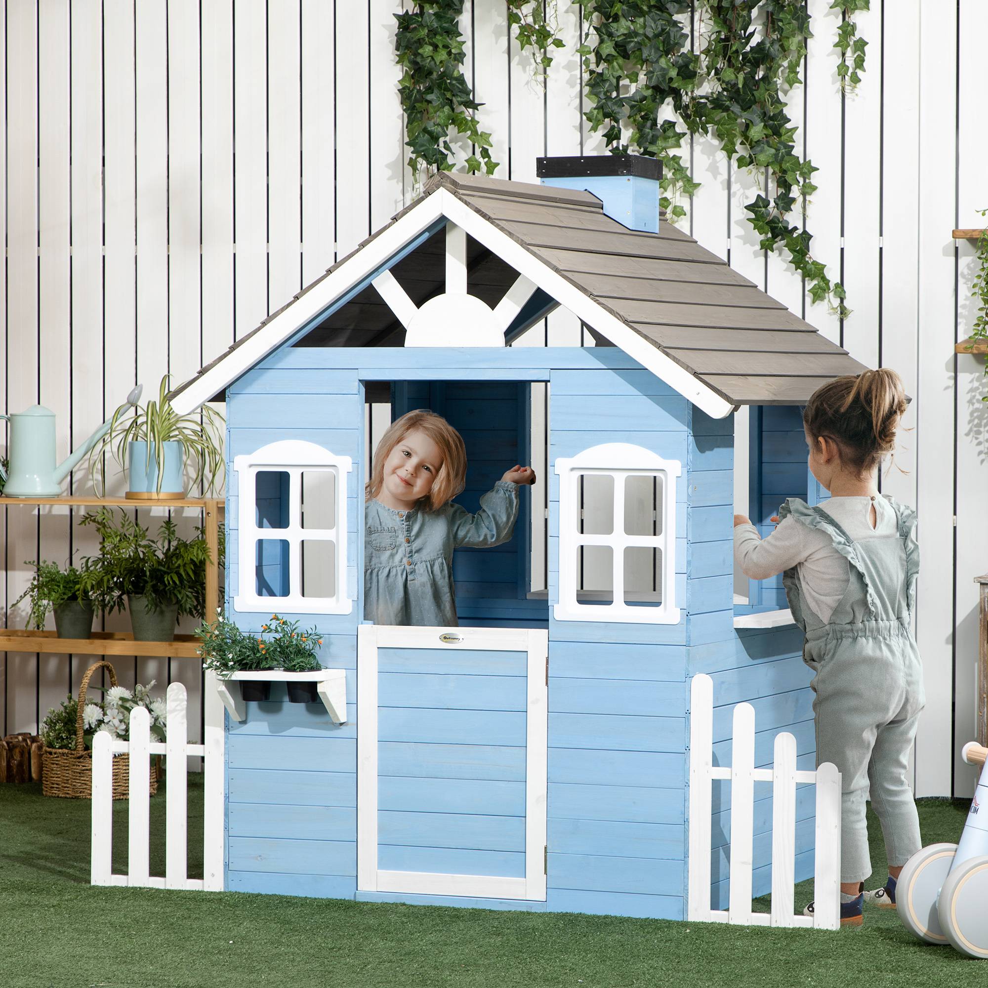 Cabane de jeu pour enfant maison de jardin en bois porte et fenêtres de 3 à 7 ans dim. 151L x 112.5l x 142H cm bleu - Image 3