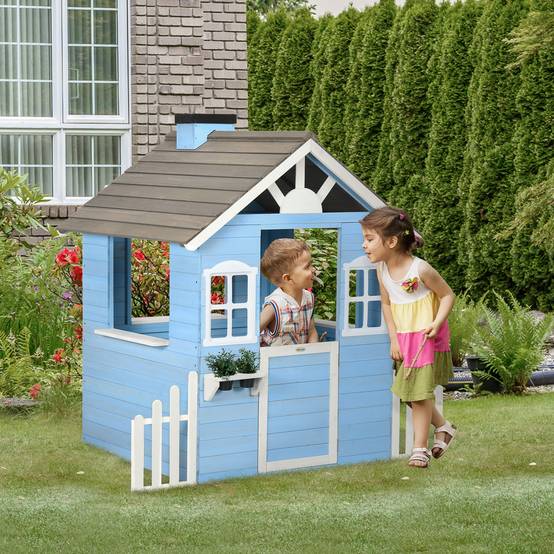 Cabane de jeu pour enfant maison de jardin en bois porte et fenêtres de 3 à 7 ans dim. 151L x 112.5l x 142H cm bleu - Image 4