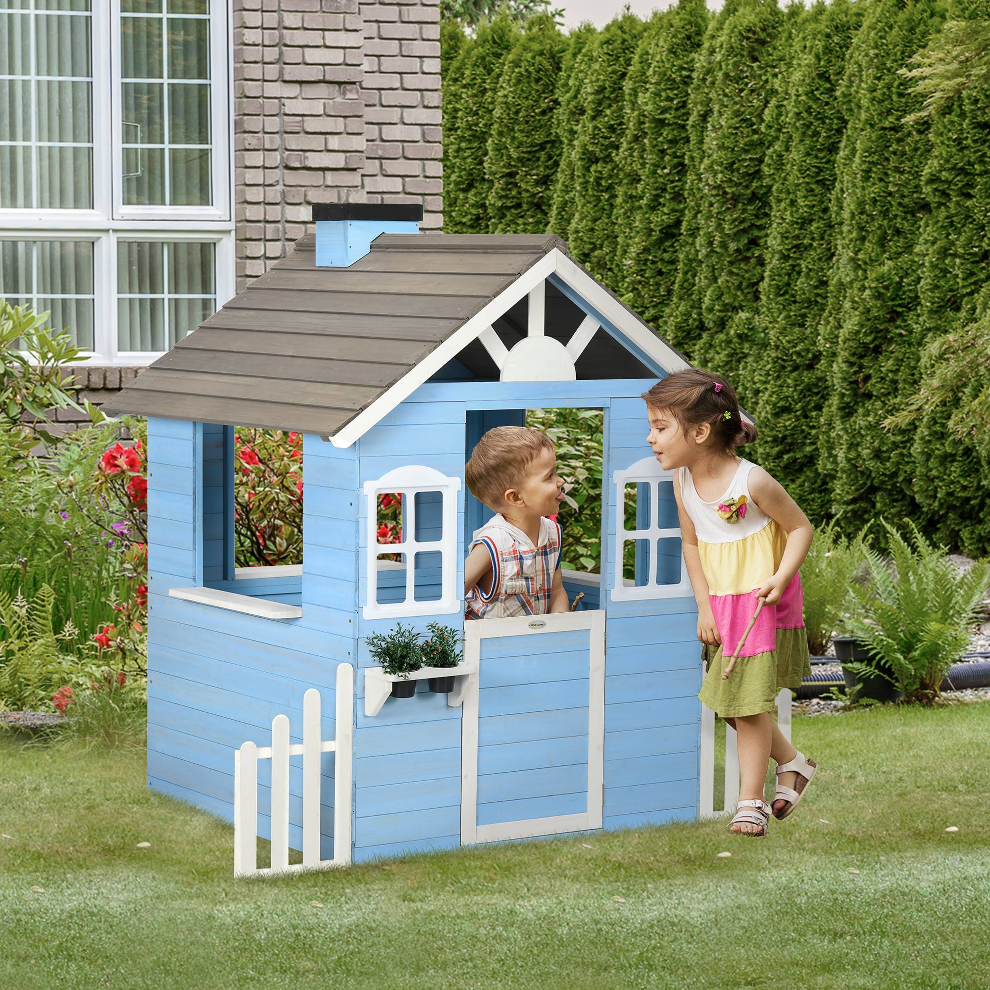 Cabane de jeu pour enfant maison de jardin en bois porte et fenêtres de 3 à 7 ans dim. 151L x 112.5l x 142H cm bleu - Image 4