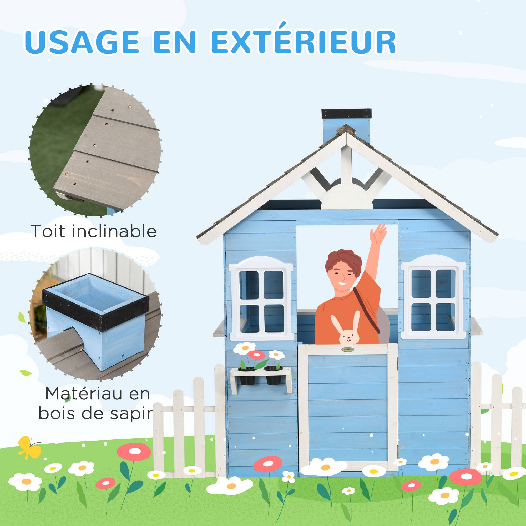 Cabane de jeu pour enfant maison de jardin en bois porte et fenêtres de 3 à 7 ans dim. 151L x 112.5l x 142H cm bleu - Image 7