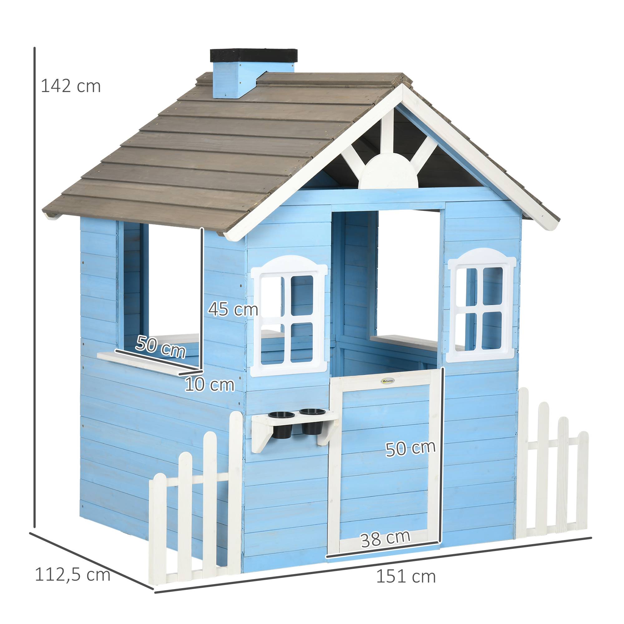 Cabane de jeu pour enfant maison de jardin en bois porte et fenêtres de 3 à 7 ans dim. 151L x 112.5l x 142H cm bleu - Image 5
