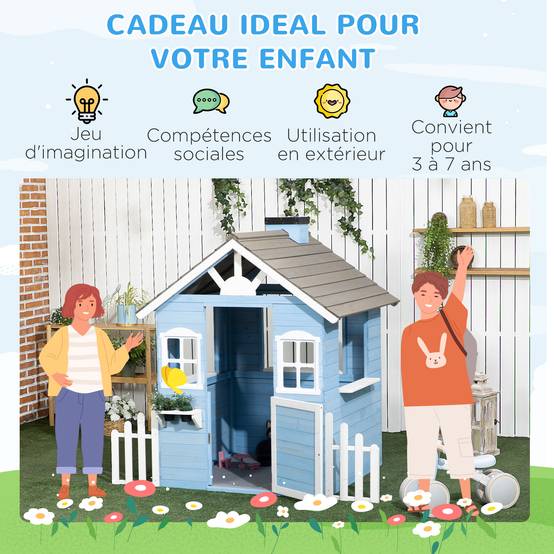 Cabane de jeu pour enfant maison de jardin en bois porte et fenêtres de 3 à 7 ans dim. 151L x 112.5l x 142H cm bleu - Image 8