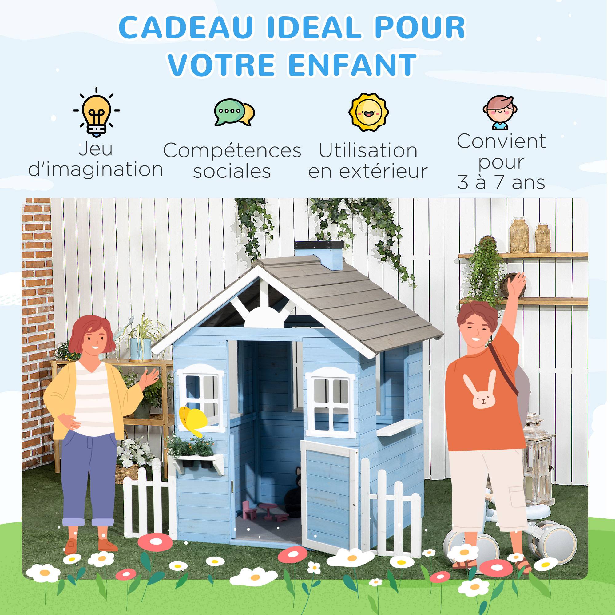 Cabane de jeu pour enfant maison de jardin en bois porte et fenêtres de 3 à 7 ans dim. 151L x 112.5l x 142H cm bleu - Image 8
