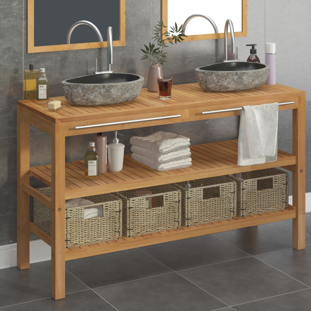 Vidaxl - Armoire de toilette Teck solide et lavabos en pierre de rivière - vidaXL - Image 2