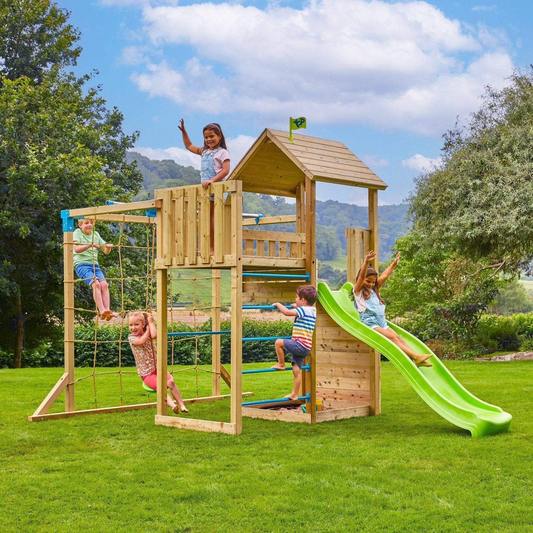 Tp Toys - AIre de jeux tyrolienne, mur d'escalade et toboggan - bois FSC® - SANTOLINE SKYWOOD - Image 1