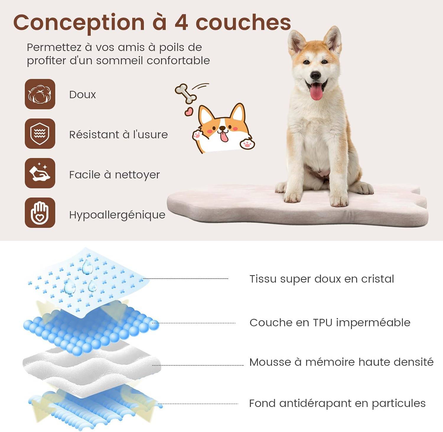Matelas pour Chien en Mousse à Mémoire de Forme, Coussin Orthopédique, 110 x 66 x 5CM (Beige) - Image 3