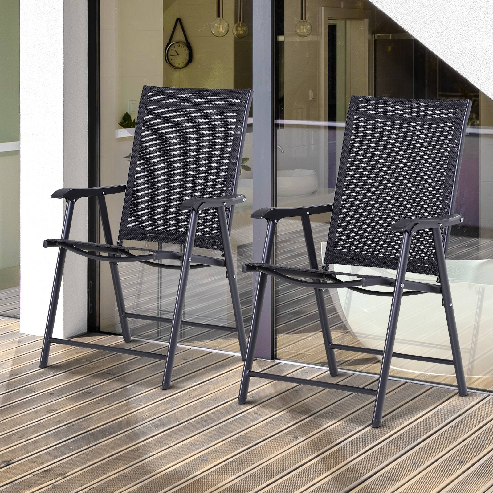 Chaise de camping, lot de 2, chaise pliante avec accoudoirs, en métal, noire - Image 2