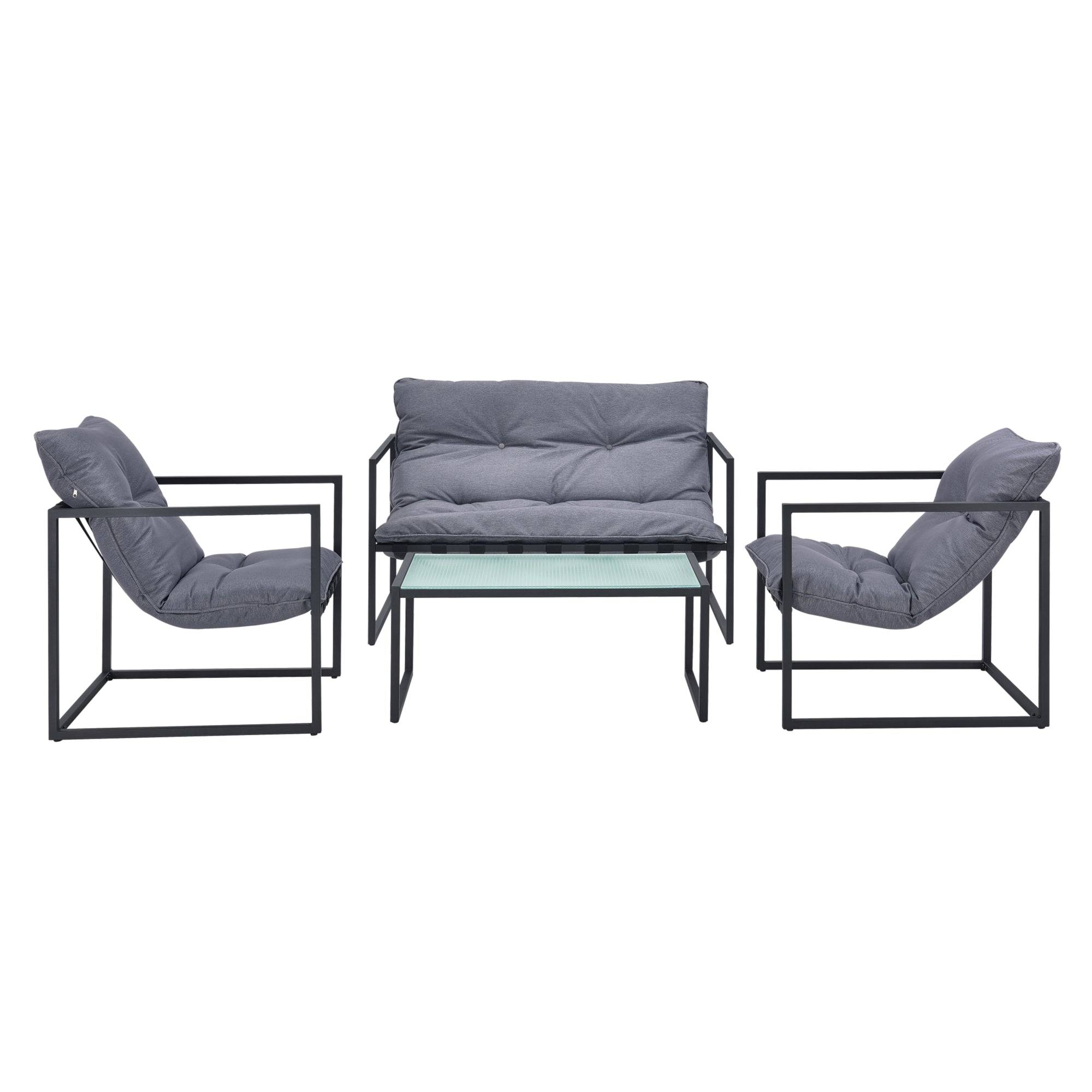 Helloshop26 - Salon de jardin table basse avec canapé et chaises extérieures en acier avec coussins oléfines et plateau de table en verre noir gris - Image 1