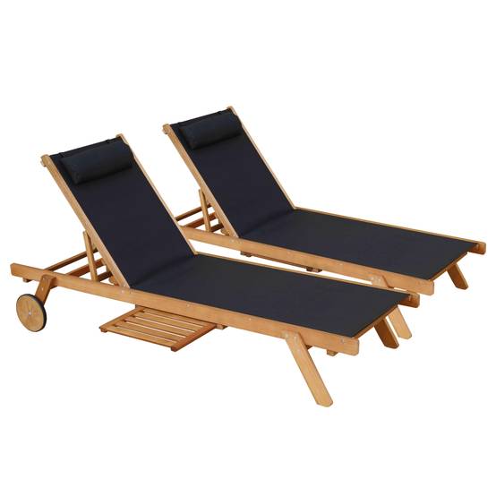 Oviala - Lot de 2 bains de soleil avec coussin et tablette en bois noir Calgary - Oviala - Image 1