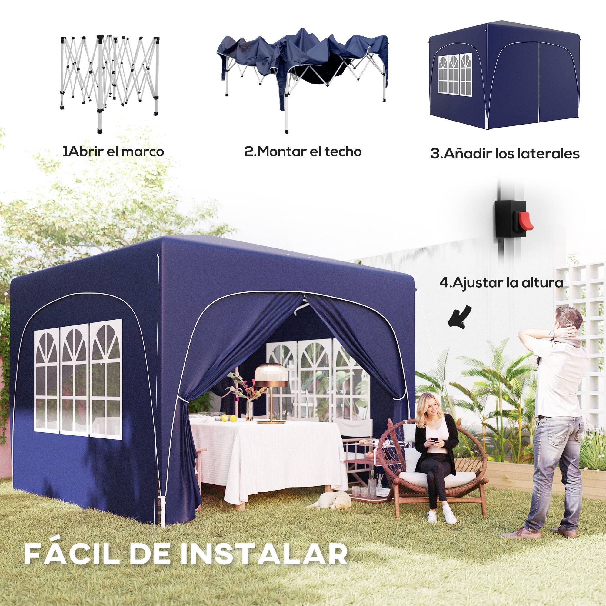 Tonnelle pliante 3x3m avec panneaux latéraux UPF50+, hauteur réglable et sac de transport, bleu foncé - Image 6