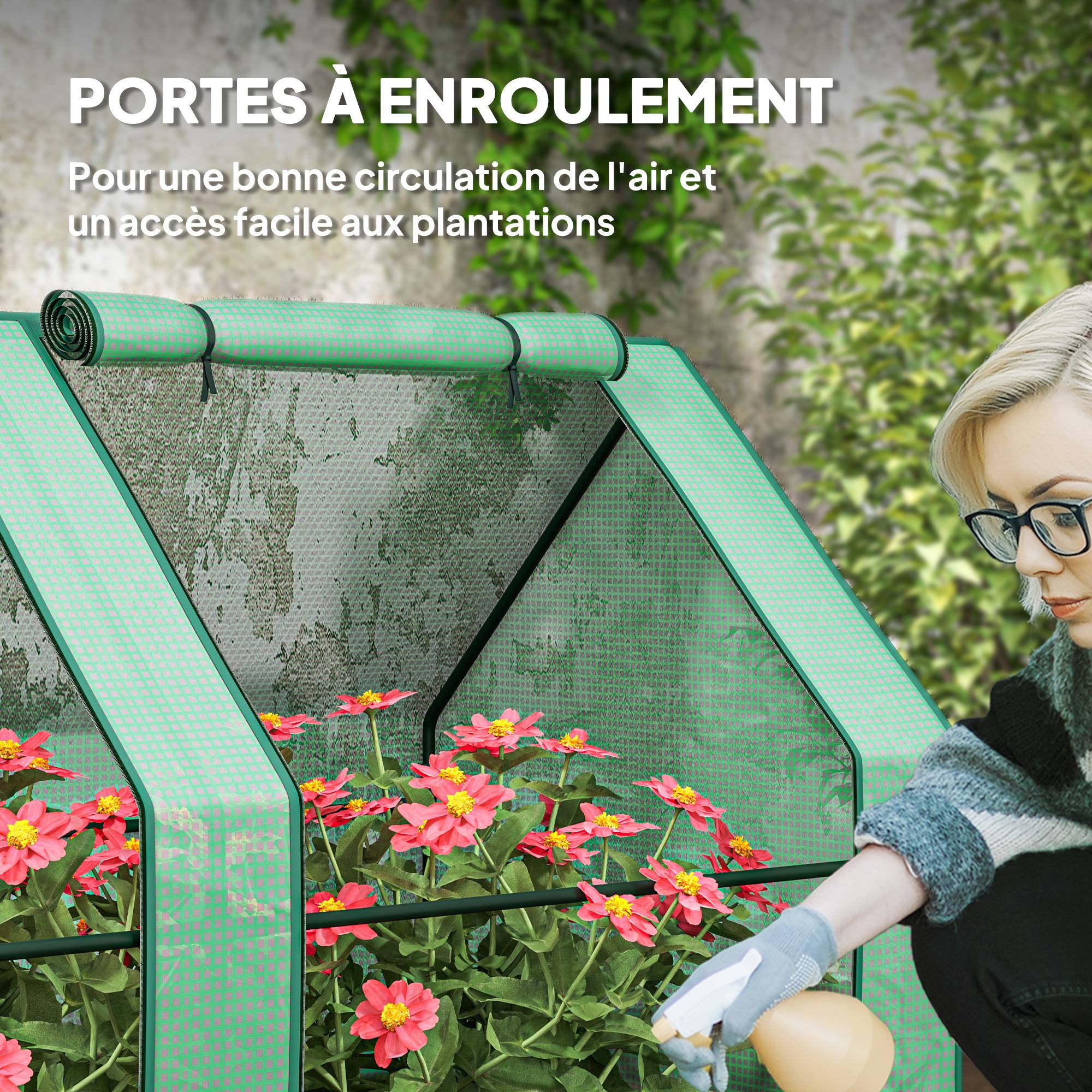 Mini Serre de Jardin mini serre tunnel 4 fenêtres avec Zip enroulables Acier PE 140 g/m² Anti-UV 360x90x90cm Vert - Image 9