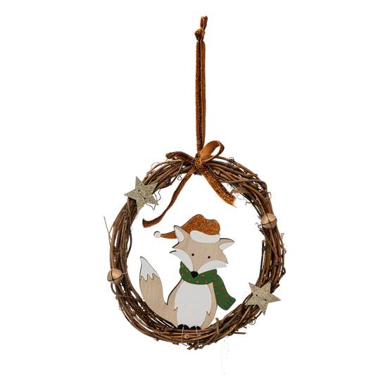 Sujet de Noël Renard en bois dans Couronne en rotin