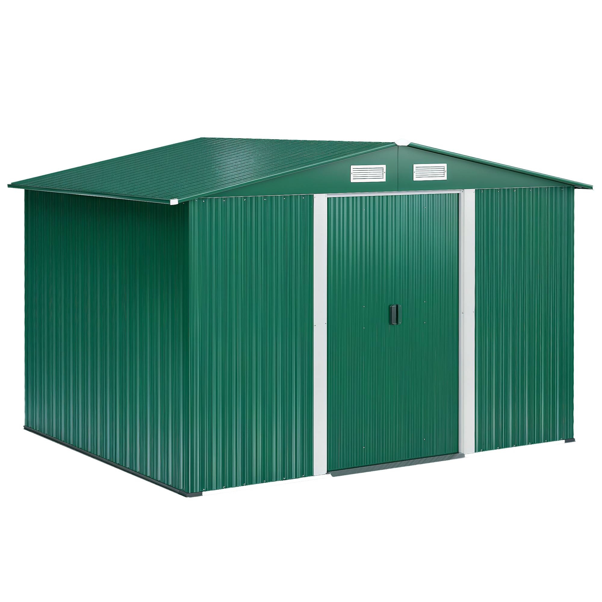 Sans Marque - Abri jardin métallique vert 258x206x178 cm 5,3m² portes coulissantes ventilation outils - Image 1