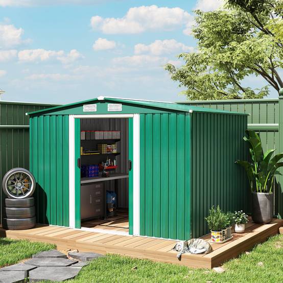 Sans Marque - Abri jardin métallique vert 258x206x178 cm 5,3m² portes coulissantes ventilation outils - Image 4