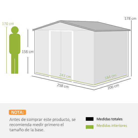 Sans Marque - Abri jardin métallique vert 258x206x178 cm 5,3m² portes coulissantes ventilation outils - Image 5