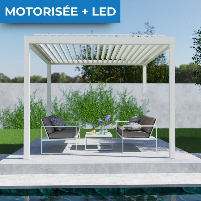 Pergola Bioclimatique Autoportante Motorisée Éclairée Aluminium 3x3 Blanc SV ORIAL France - Image 1