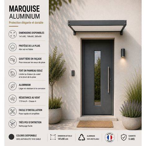 Marquise de Porte / Auvent Aluminium 141x90cm Anthracite ORIAL Made in France - Image 2
