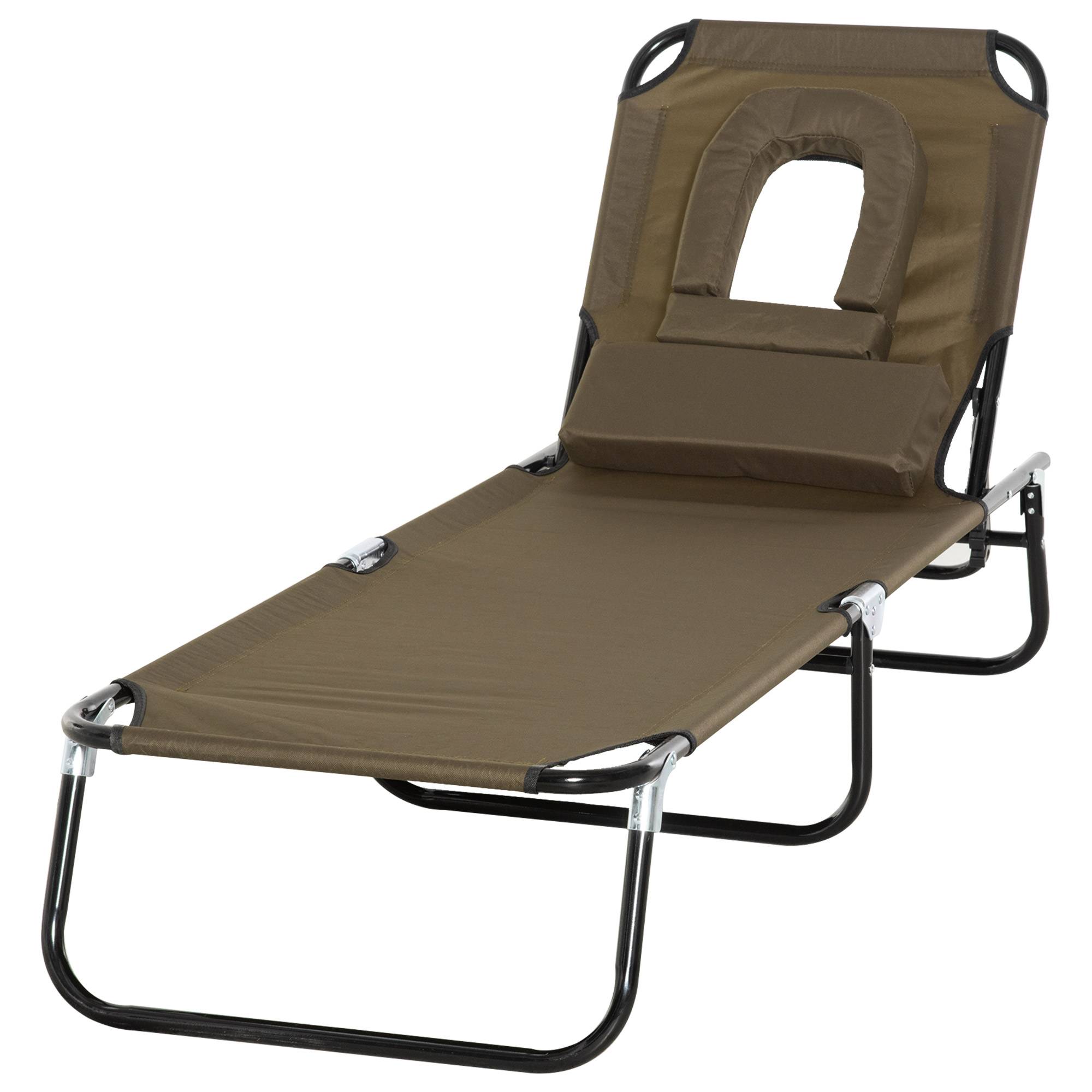 Transat de Jardin Chaise Longue Pliante Bain de Soleil avec Appuie-tête, Trou de lecture et Dossier Inclinable, Marron - Image 2