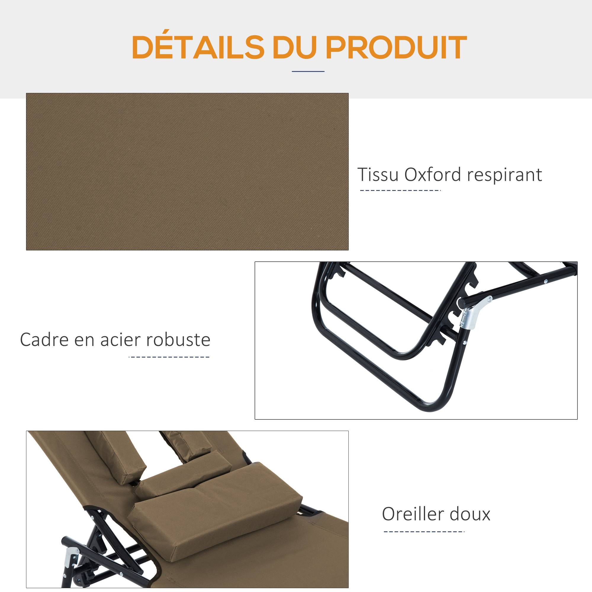 Transat de Jardin Chaise Longue Pliante Bain de Soleil avec Appuie-tête, Trou de lecture et Dossier Inclinable, Marron - Image 8