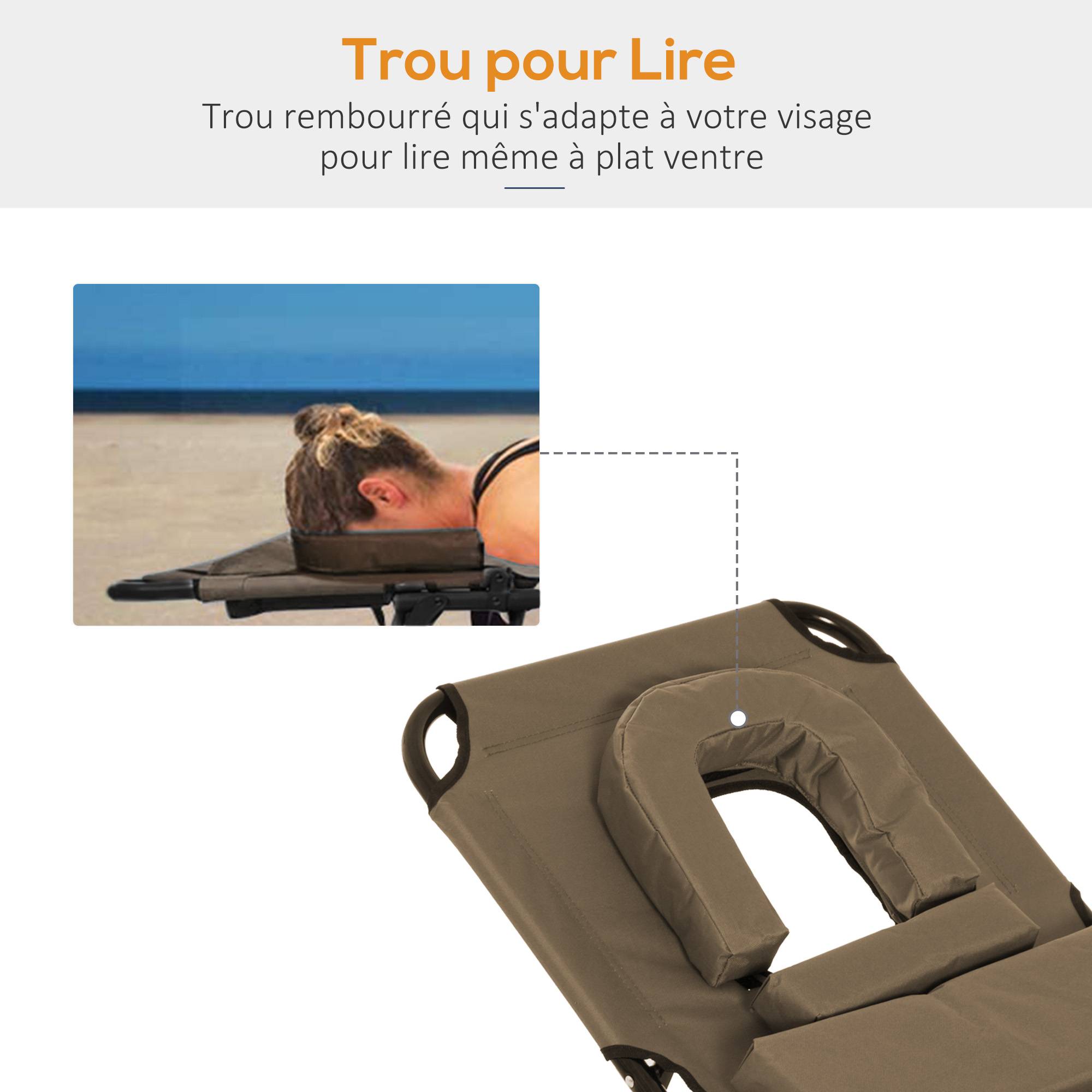 Transat de Jardin Chaise Longue Pliante Bain de Soleil avec Appuie-tête, Trou de lecture et Dossier Inclinable, Marron - Image 9