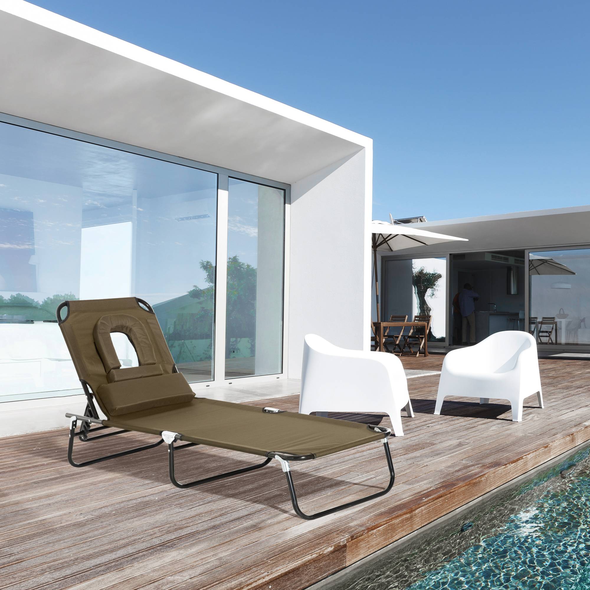 Transat de Jardin Chaise Longue Pliante Bain de Soleil avec Appuie-tête, Trou de lecture et Dossier Inclinable, Marron - Image 4
