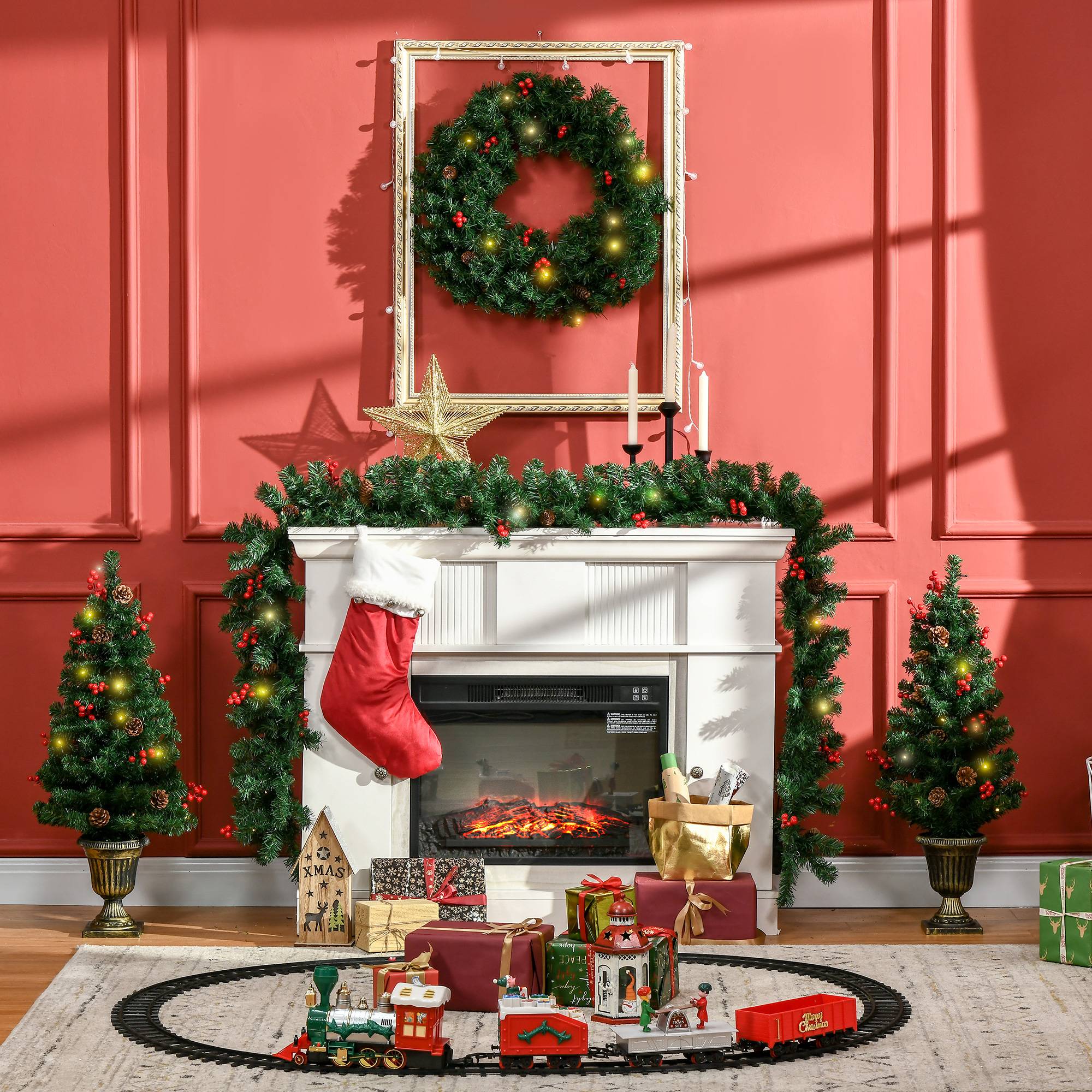 Décorations de Noël, ensemble de 4 pièces comprenant 2 sapins de Noël Φ40x90 cm, une guirlande de Noël et une couronne de Noël - Image 3
