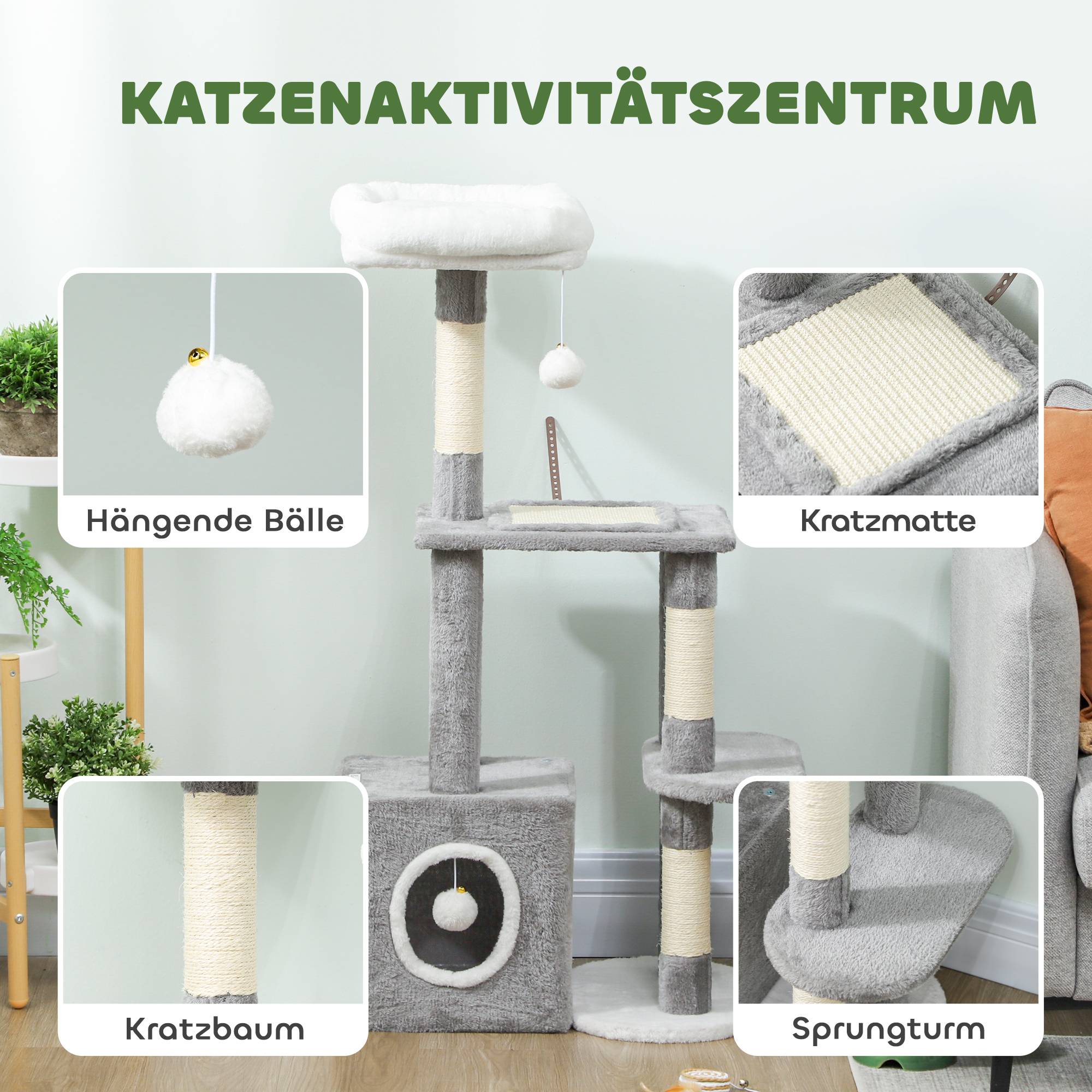 Sans Marque - Kratzbaum 107 cm Katzenturm mit Höhle, 2 Plüschballen, Sisalstämme, große Plattform, 55x40x107 cm, Grau - Image 4