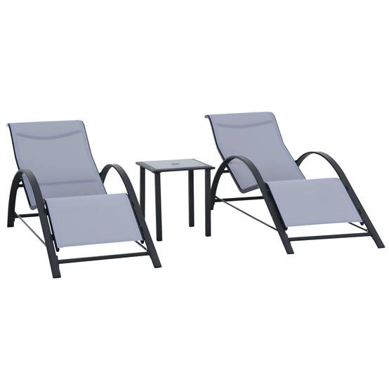 Ensemble de 2 chaises longues et table basse avec plateau en verre, 59 x 169 x 66 cm, gris clair - Image 1