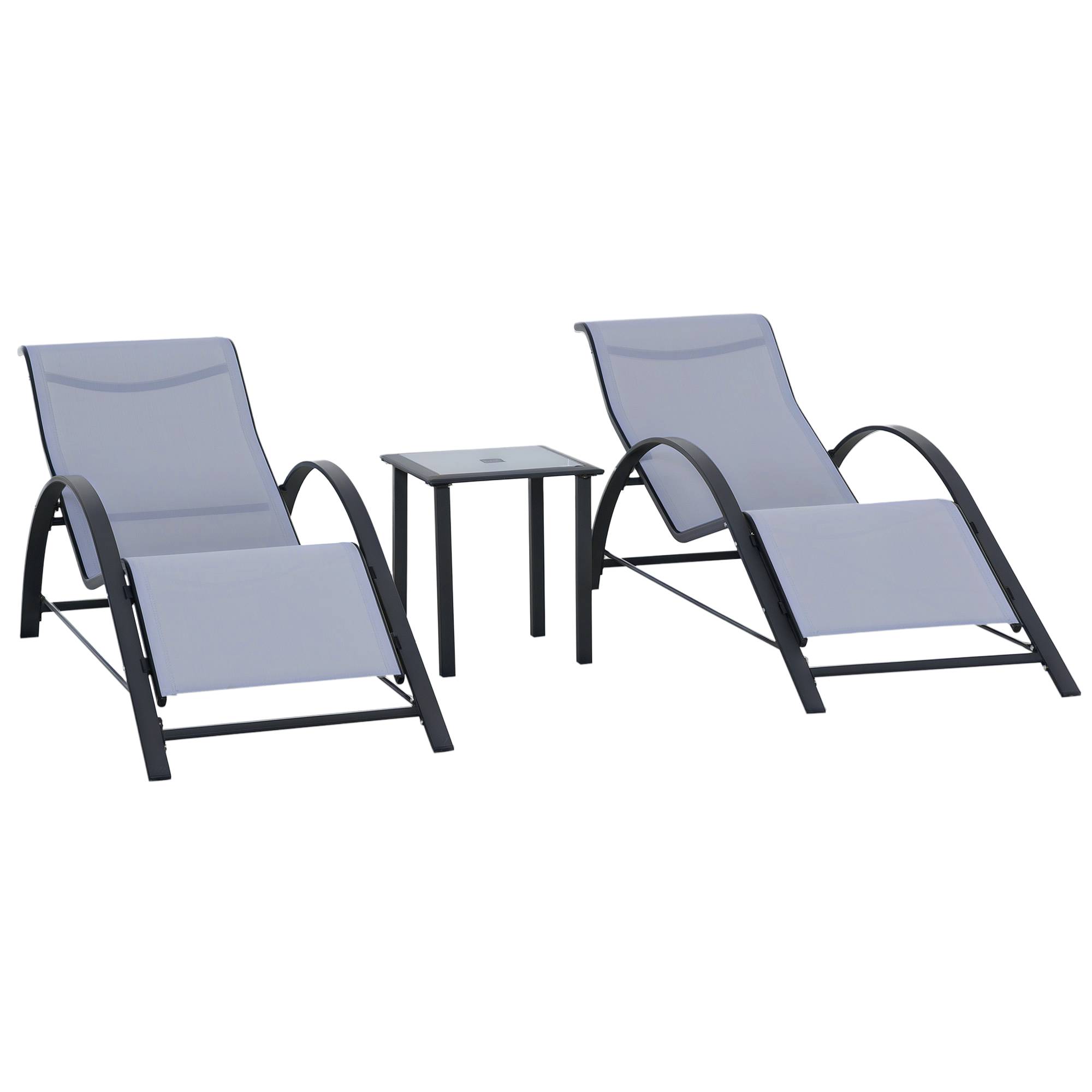 Ensemble de 2 chaises longues et table basse avec plateau en verre, 59 x 169 x 66 cm, gris clair - Image 1