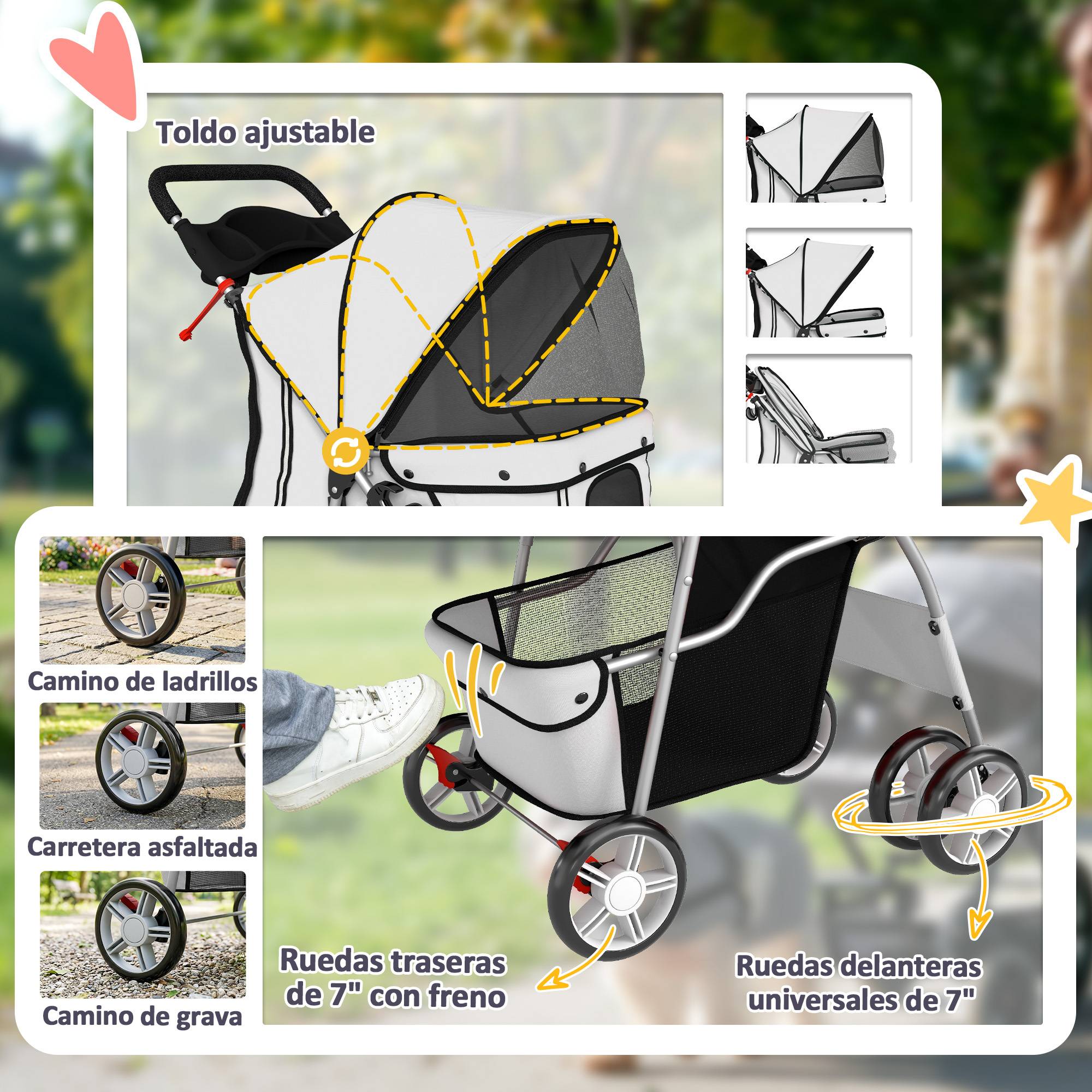 Poussette pour petit chien avec panier de rangement, porte-gobelet, roues et coussin lavable 77 x 44 x 102 cm Gris - Image 8