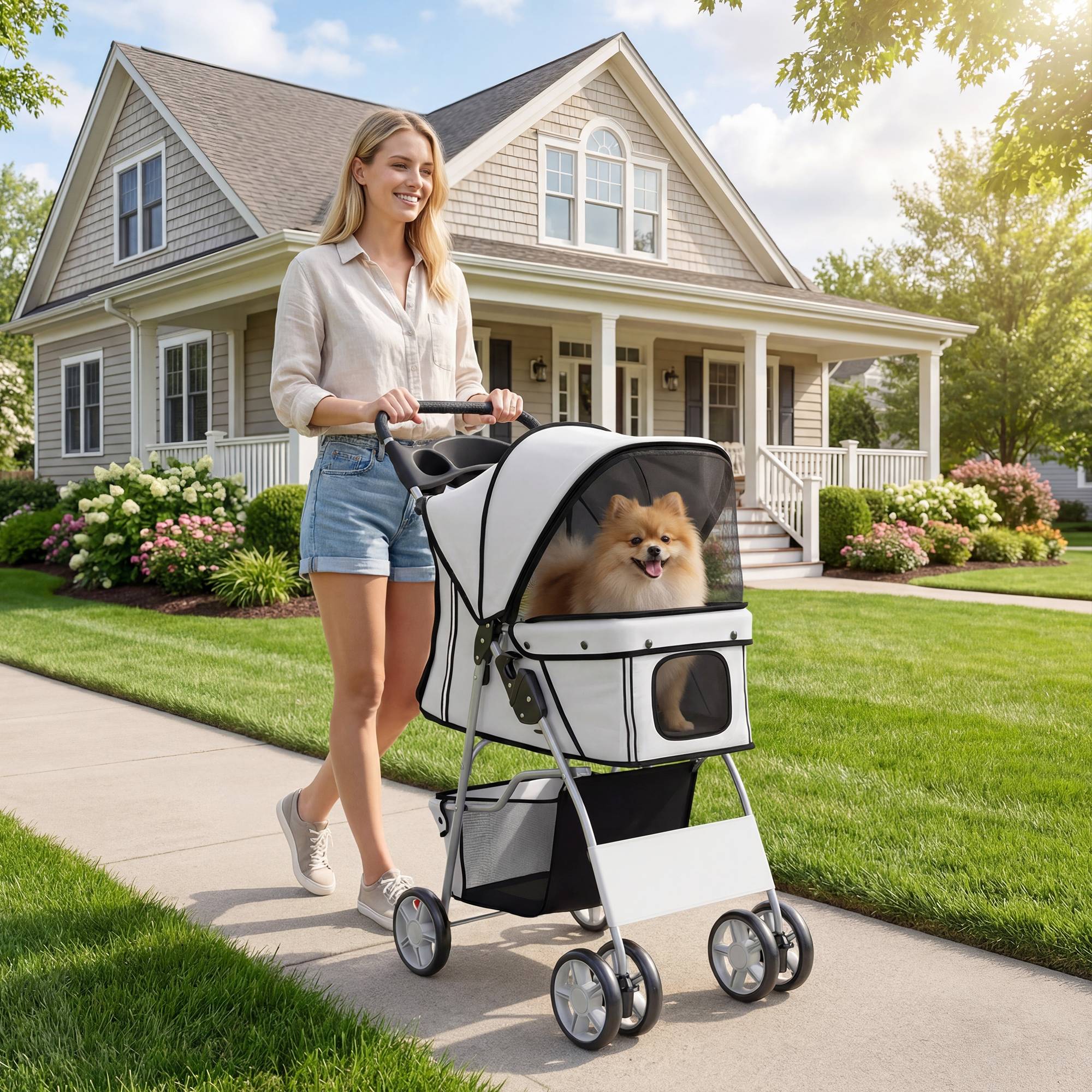 Poussette pour petit chien avec panier de rangement, porte-gobelet, roues et coussin lavable 77 x 44 x 102 cm Gris - Image 4